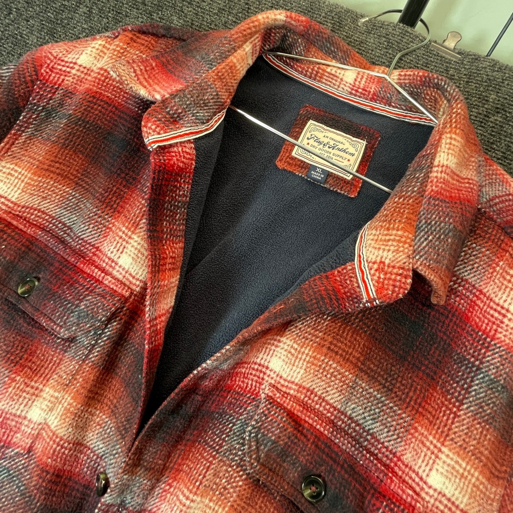 Flag & Anthem Shacket Jacket Mens XL Red Plaid Fleece Lined Wool Blend Layering
